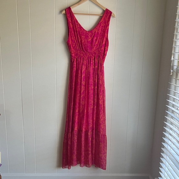 LARA. G. Silk Vibrant Pink Orange Sleeveless Smocked V-Neck Boho Maxi Dress - Picture 7 of 7